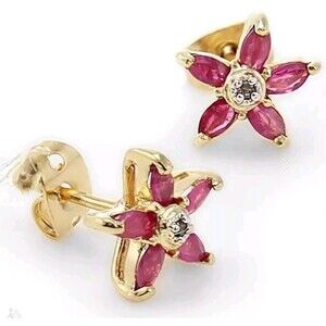 Fine Ruby Diamond Flower Designer Earrings 18K Yellow Gold Over Sterling Silver